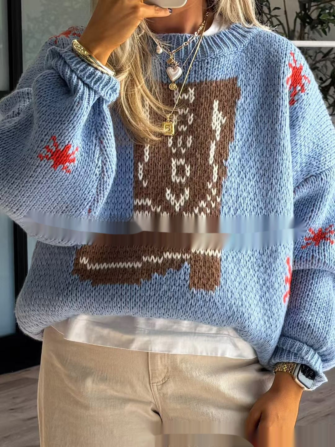 Pull mi-long en laine à manches longues pour femme