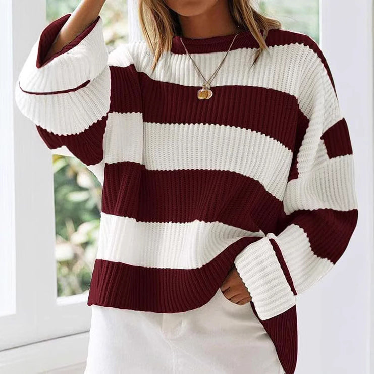 Pull femme oversize rayé bleu pastel en maille douce