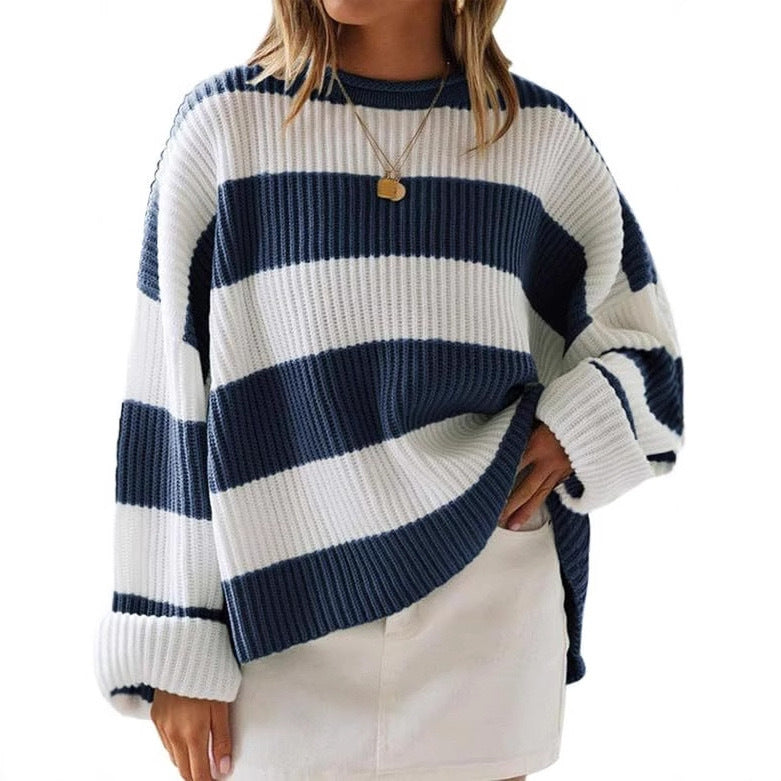 Pull femme oversize rayé bleu pastel en maille douce