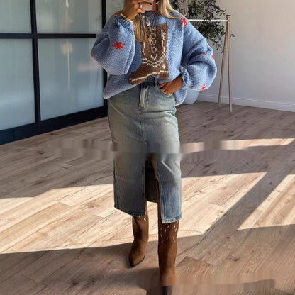 Pull mi-long en laine à manches longues pour femme