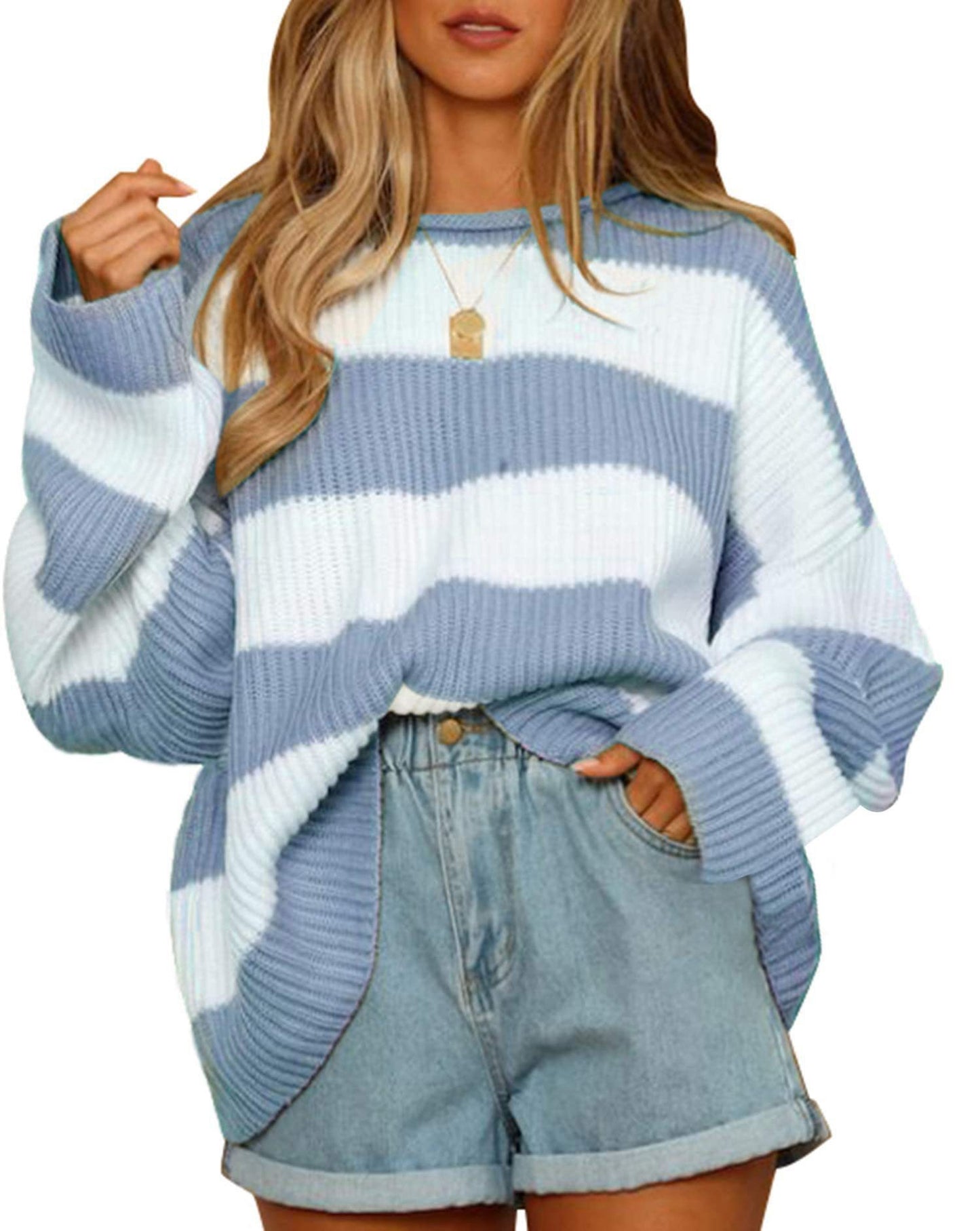 Pull femme oversize rayé bleu pastel en maille douce