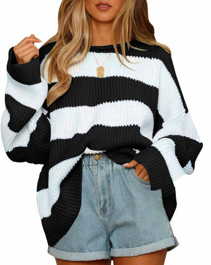 Pull femme oversize rayé bleu pastel en maille douce