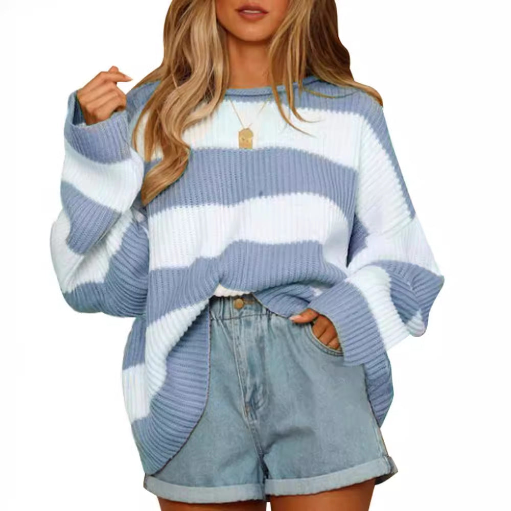 Pull femme oversize rayé bleu pastel en maille douce
